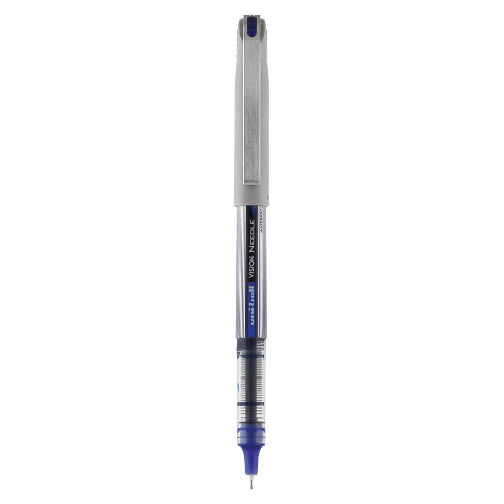 uniball VISION Needle Roller Ball Pen, Stick, Fine 0.7 mm, Blue Ink, Silver Barrel, Dozen