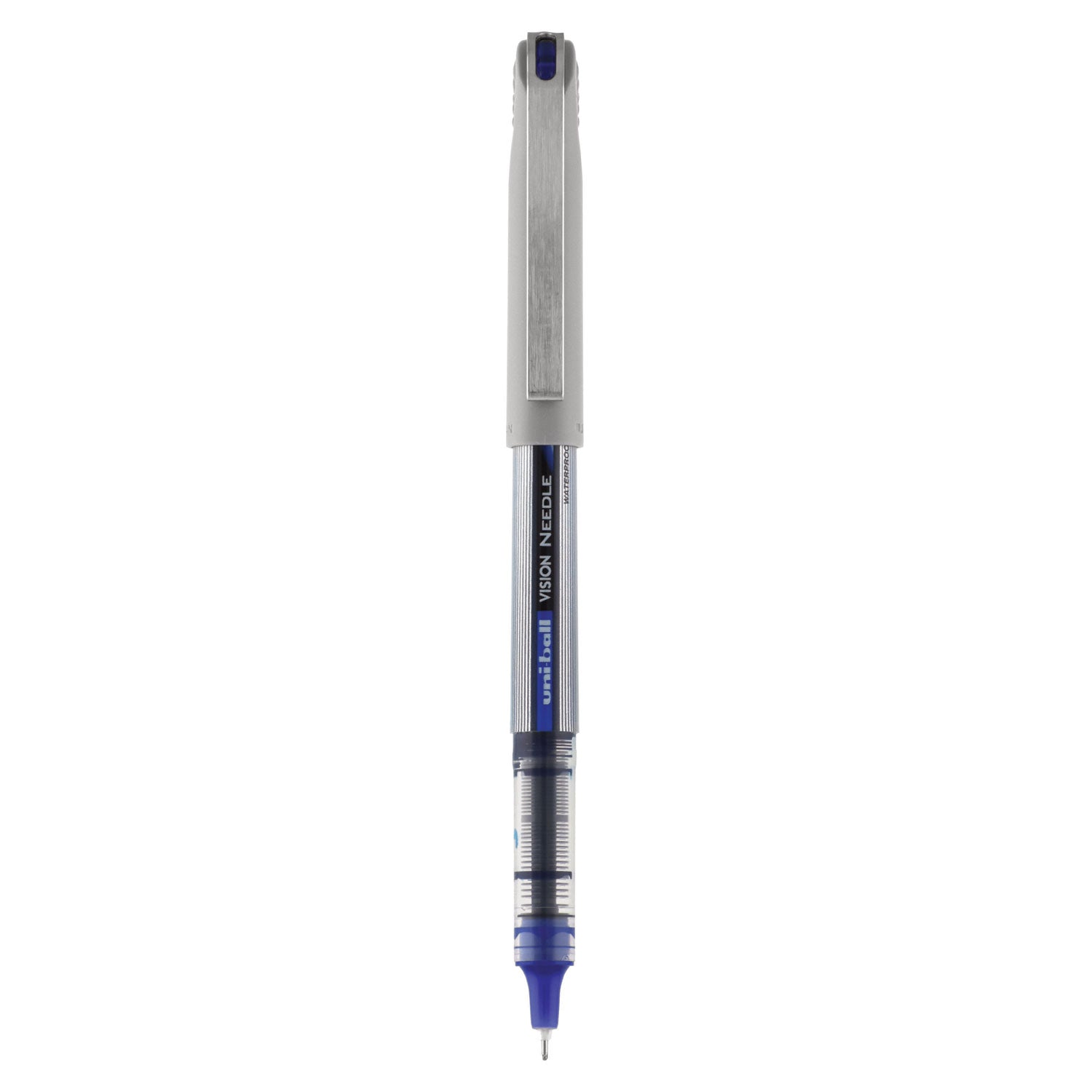 uniball VISION Needle Roller Ball Pen, Stick, Fine 0.7 mm, Blue Ink, Silver Barrel, Dozen