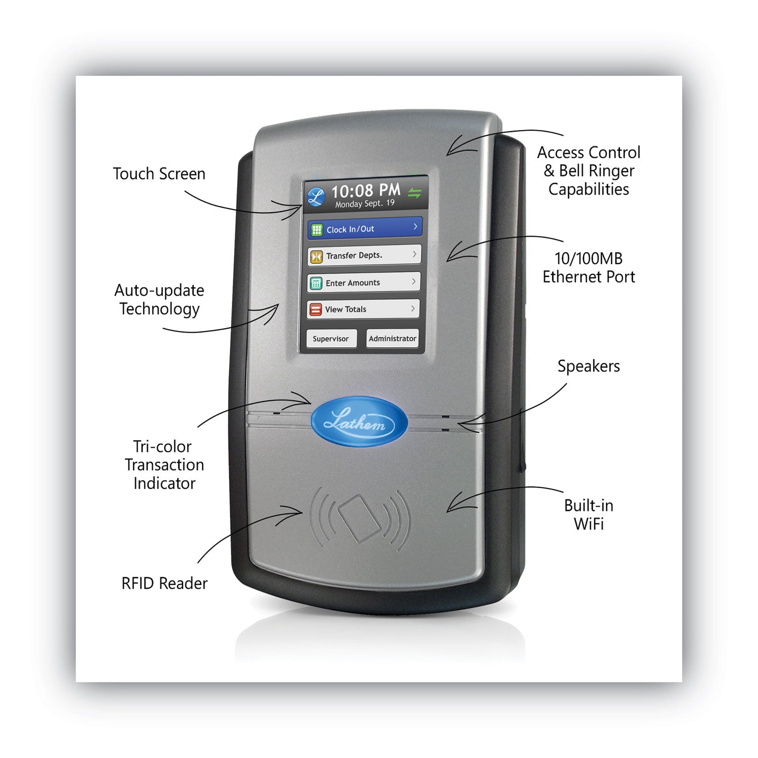 Lathem PC700 Online WiFi TouchScreen Time and Attendance System, LCD Display, Gray