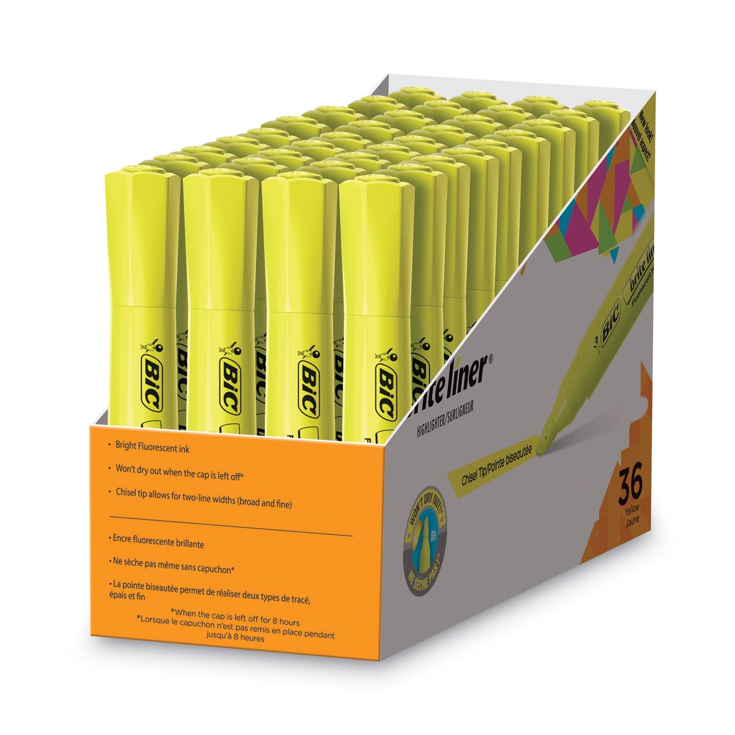 BIC Brite Liner Tank-Style Highlighter Value Pack, Yellow Ink, Chisel Tip, Yellow/Black Barrel, 36/Pack