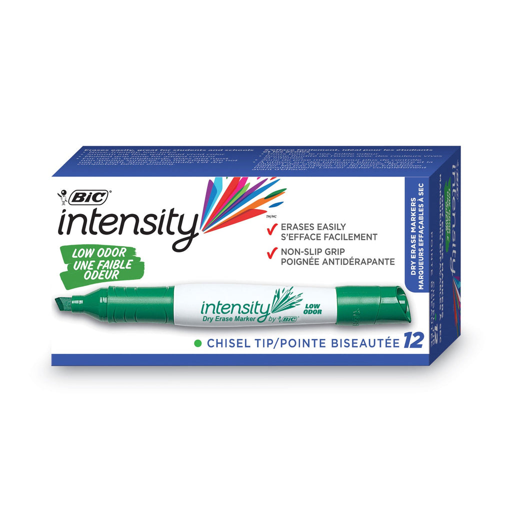 BIC Intensity Low Odor Chisel Tip Dry Erase Marker, Broad Chisel Tip, Green, Dozen