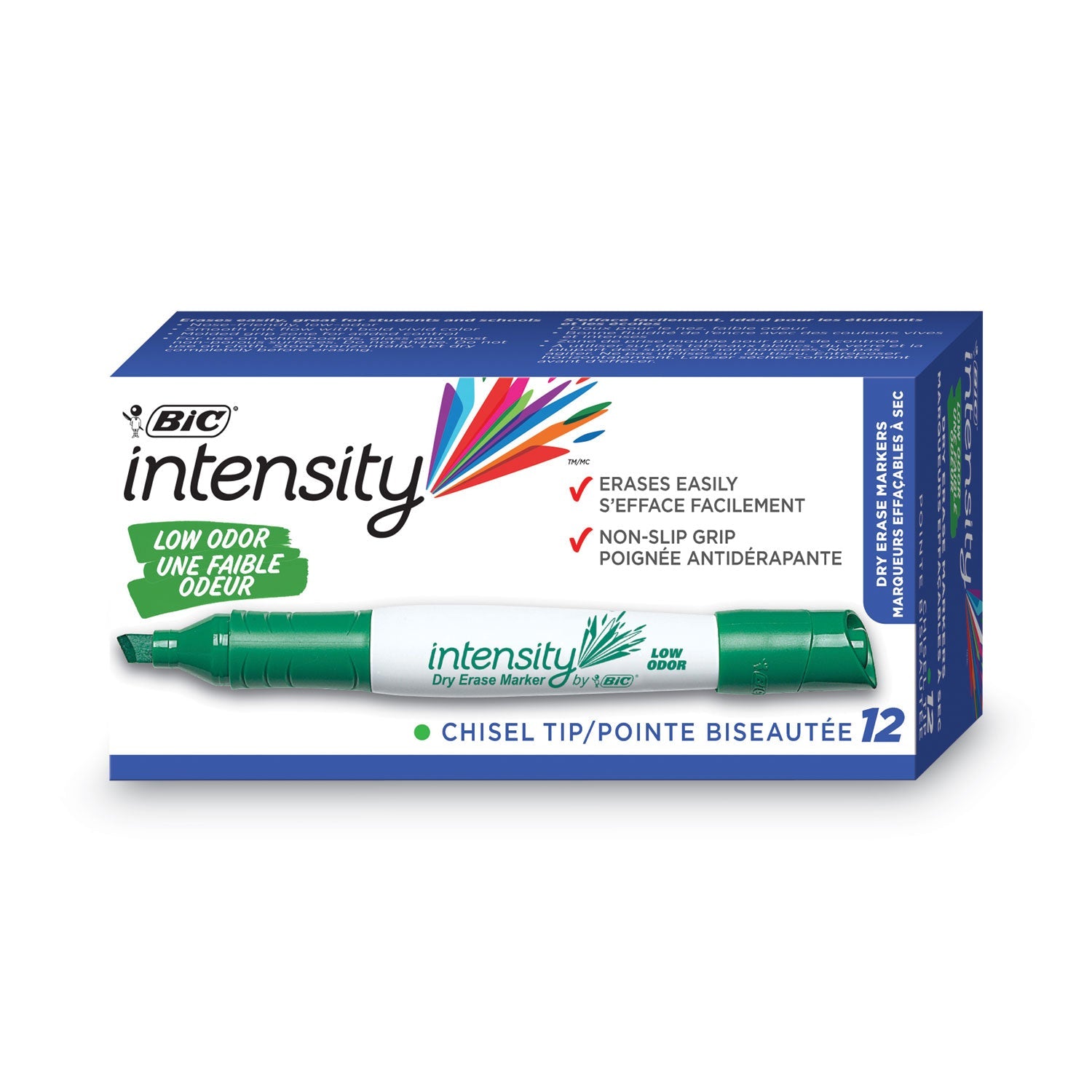 BIC Intensity Low Odor Chisel Tip Dry Erase Marker, Broad Chisel Tip, Green, Dozen