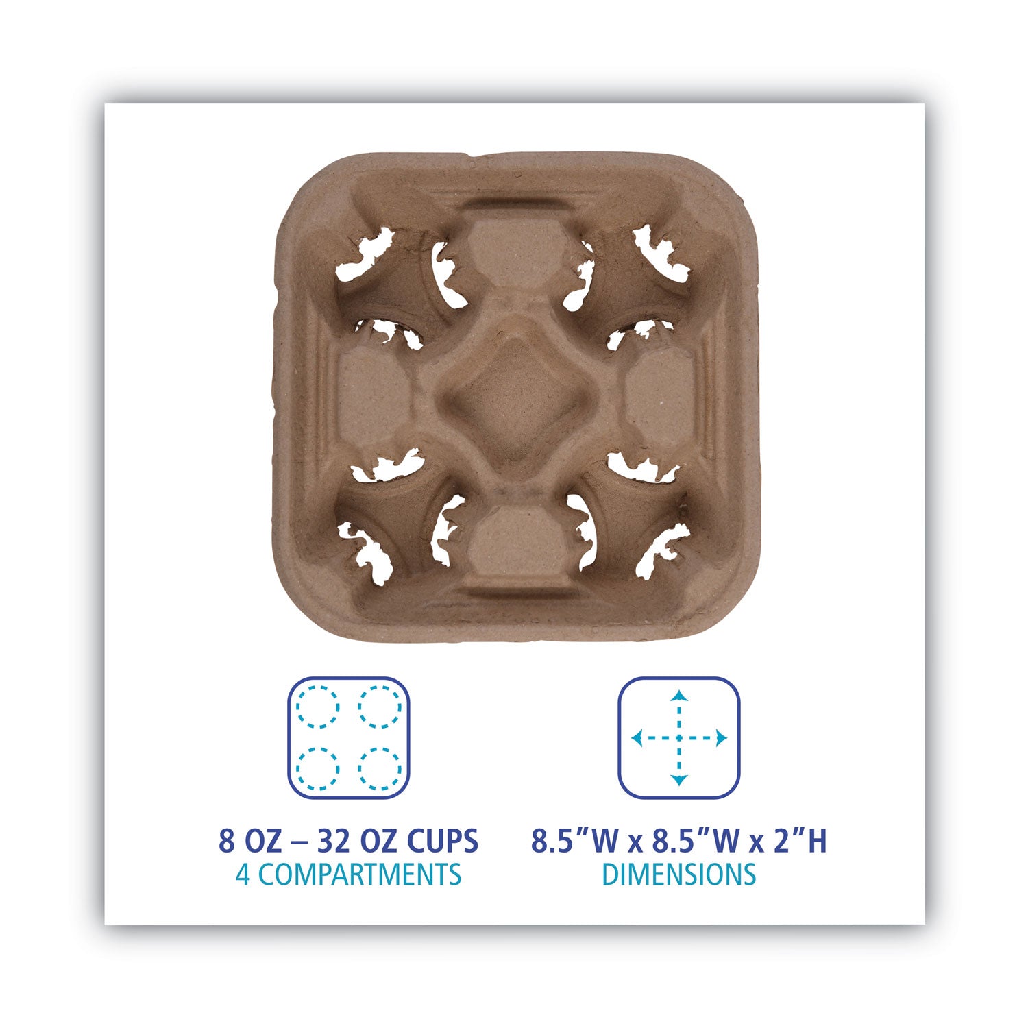 Boardwalk Cup Carrier Tray, 8 oz to 32 oz, Four Cups, Kraft, 300/Carton