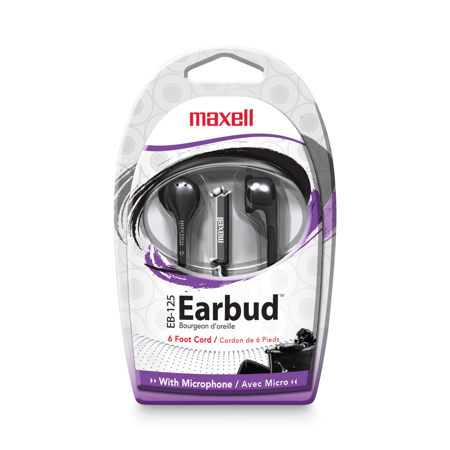 Maxell EB125 Earbud with MIC, 6 ft Cord, Black