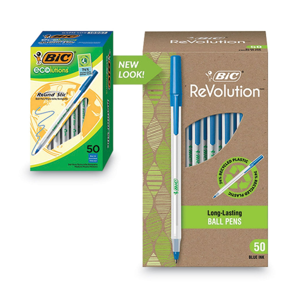 BIC Ecolutions Round Stic Ballpoint Pen Value Pack, Stick, Medium 1 mm, Blue Ink, Clear Barrel, 50/Pack