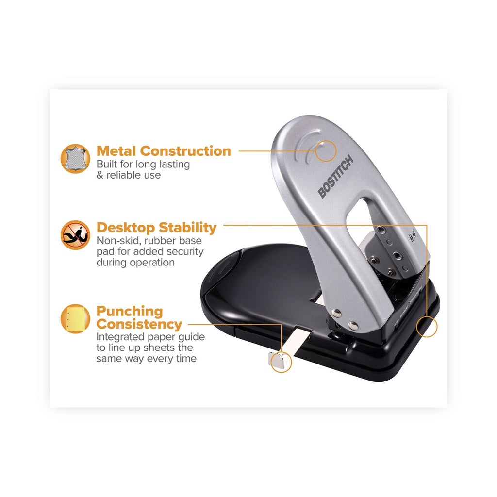 Bostitch 40-Sheet EZ Squeeze Two-Hole Punch, 9/32" Holes, Black/Silver