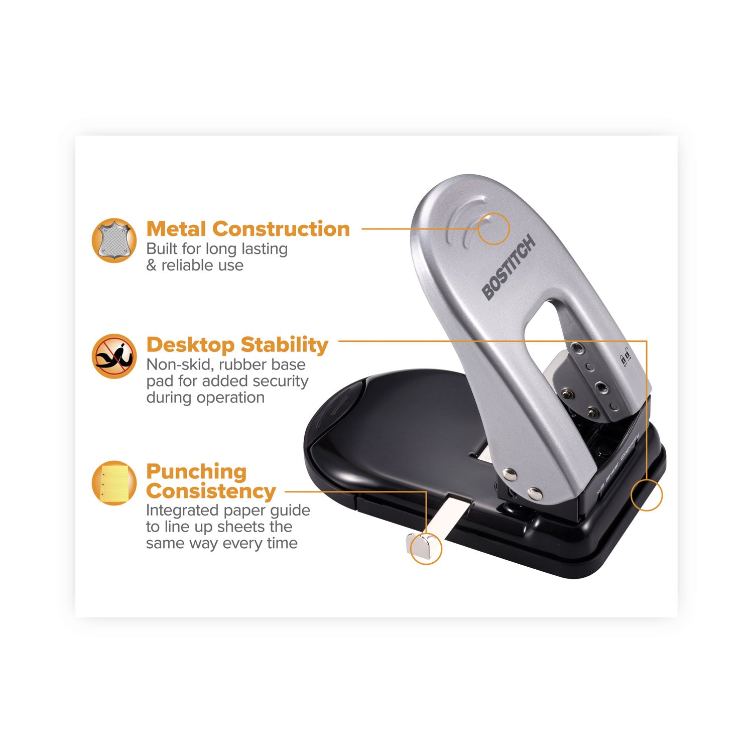 Bostitch 40-Sheet EZ Squeeze Two-Hole Punch, 9/32" Holes, Black/Silver
