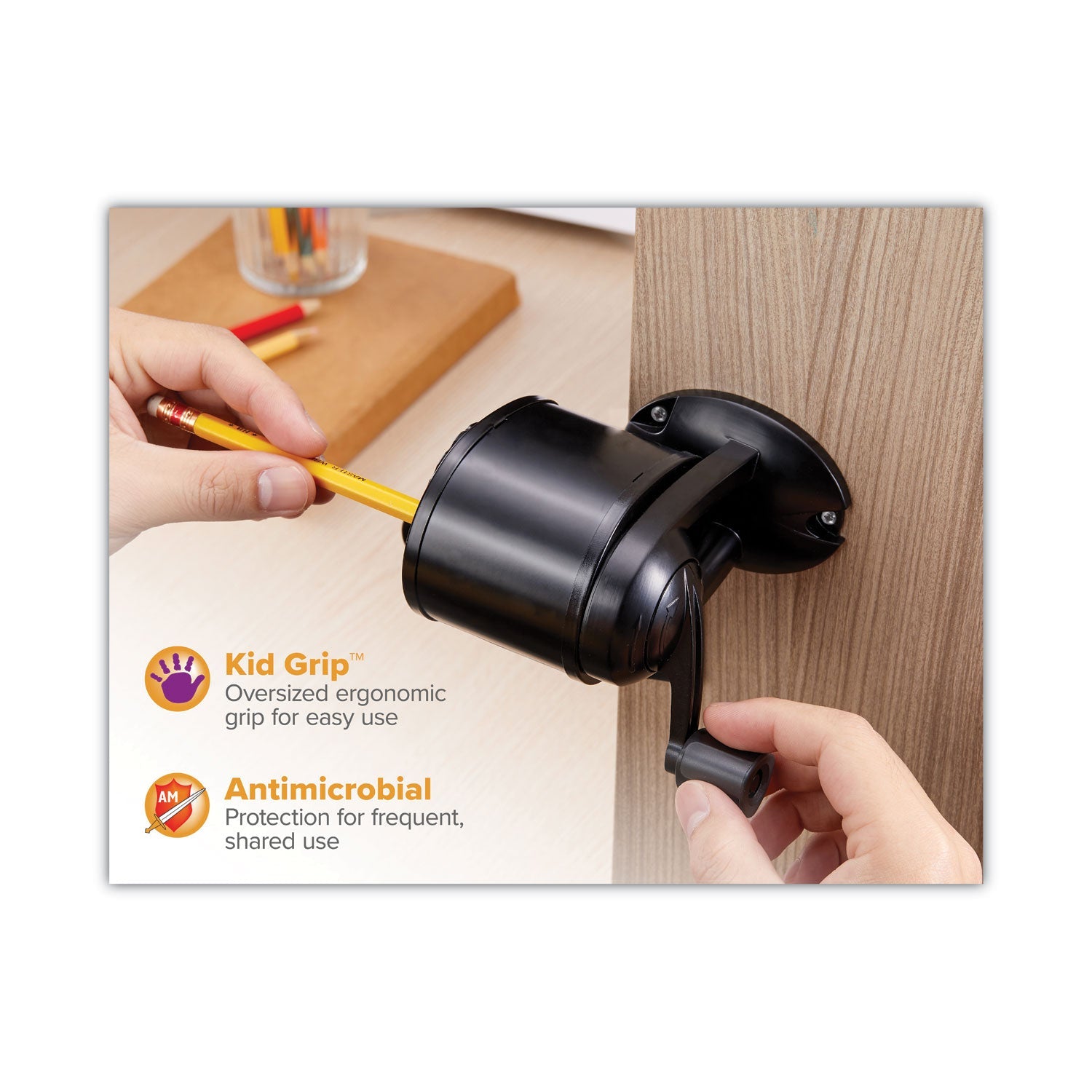 Bostitch Antimicrobial Manual Pencil Sharpener, Manually-Powered, 5.44 x 2.69 x 4.33, Black