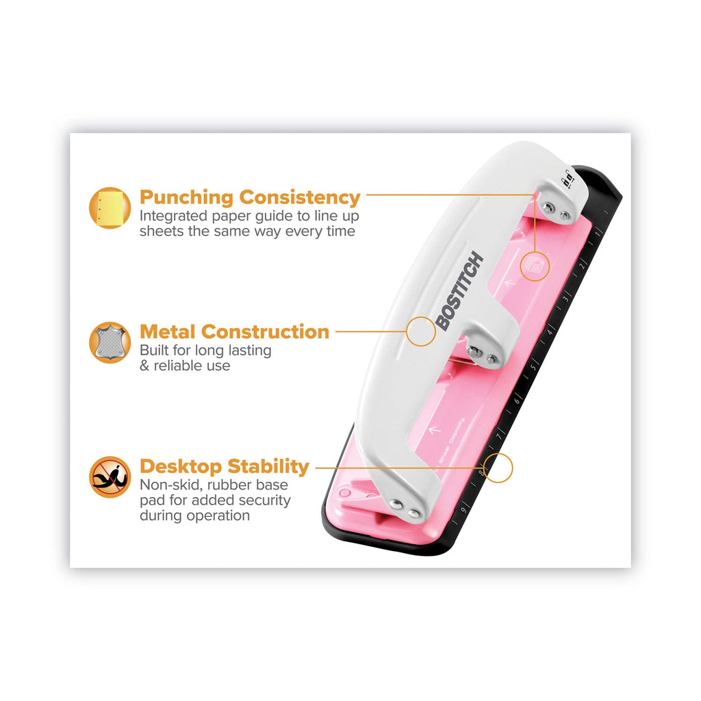 Bostitch 12-Sheet EZ Squeeze InCourage Three-Hole Punch, 9/32" Holes, Pink