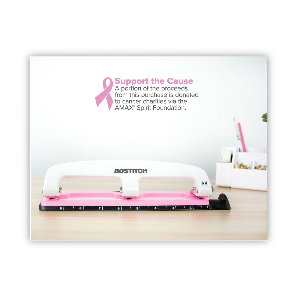 Bostitch 12-Sheet EZ Squeeze InCourage Three-Hole Punch, 9/32" Holes, Pink