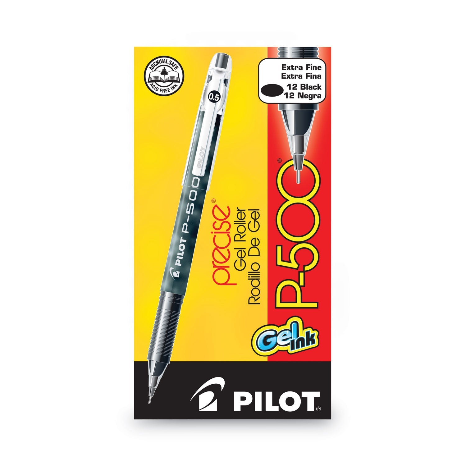 Pilot Precise P-500 Gel Pen, Stick, Extra-Fine 0.5 mm, Black Ink, Black Barrel, Dozen