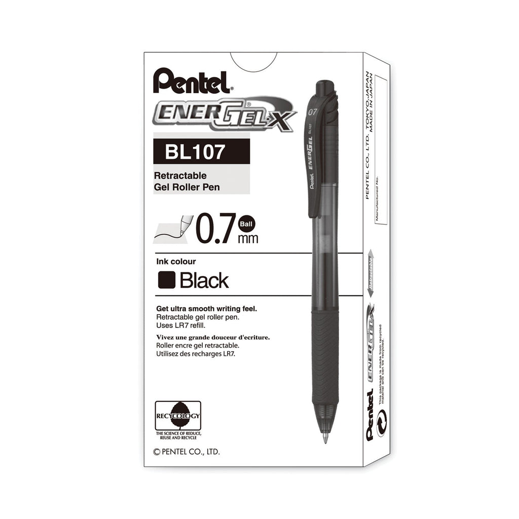 Pentel EnerGel-X Gel Pen, Retractable, Medium 0.7 mm, Black Ink, Black Barrel, Dozen