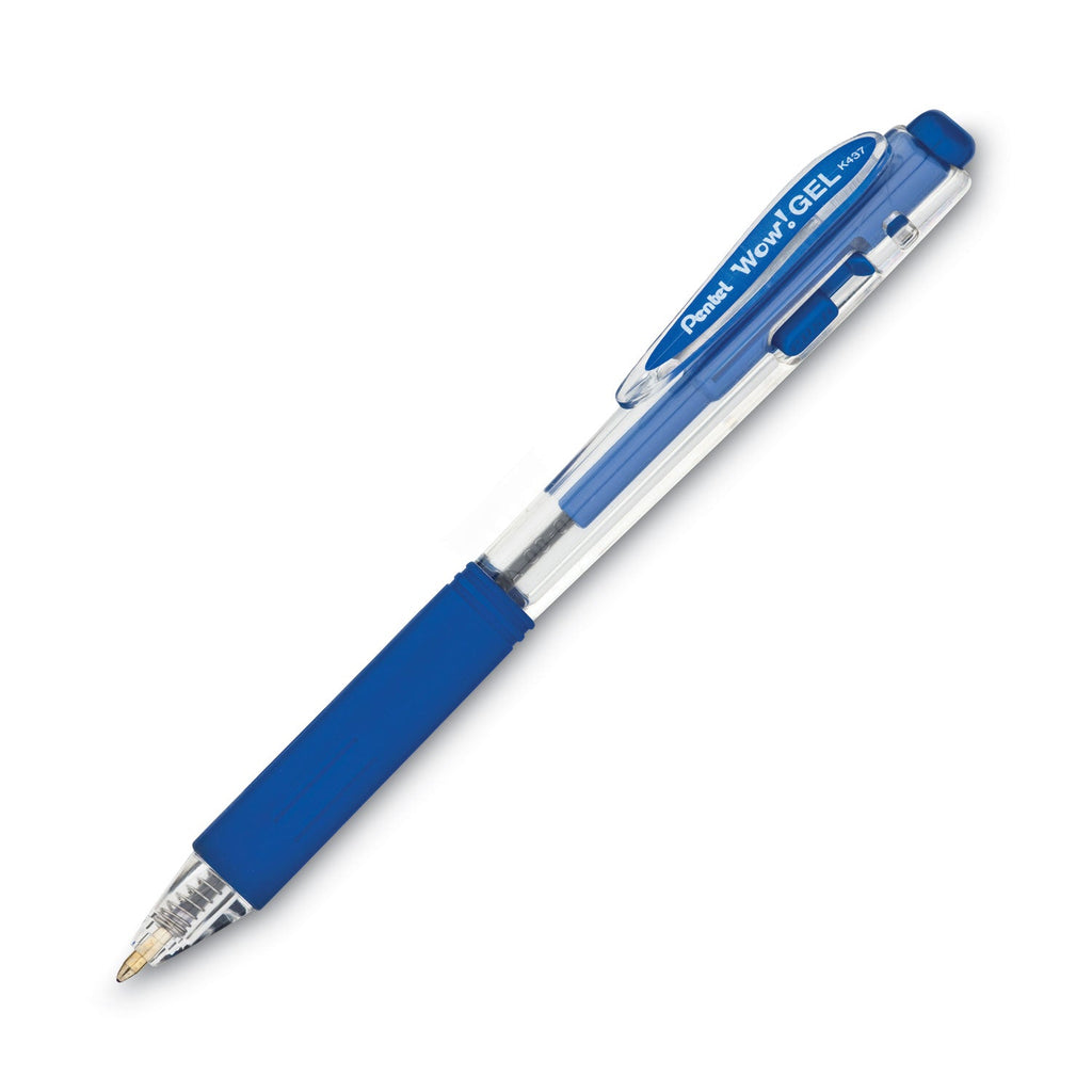 Pentel WOW! Gel Pen, Retractable, Medium 0.7 mm, Blue Ink, Clear/Blue Barrel, Dozen
