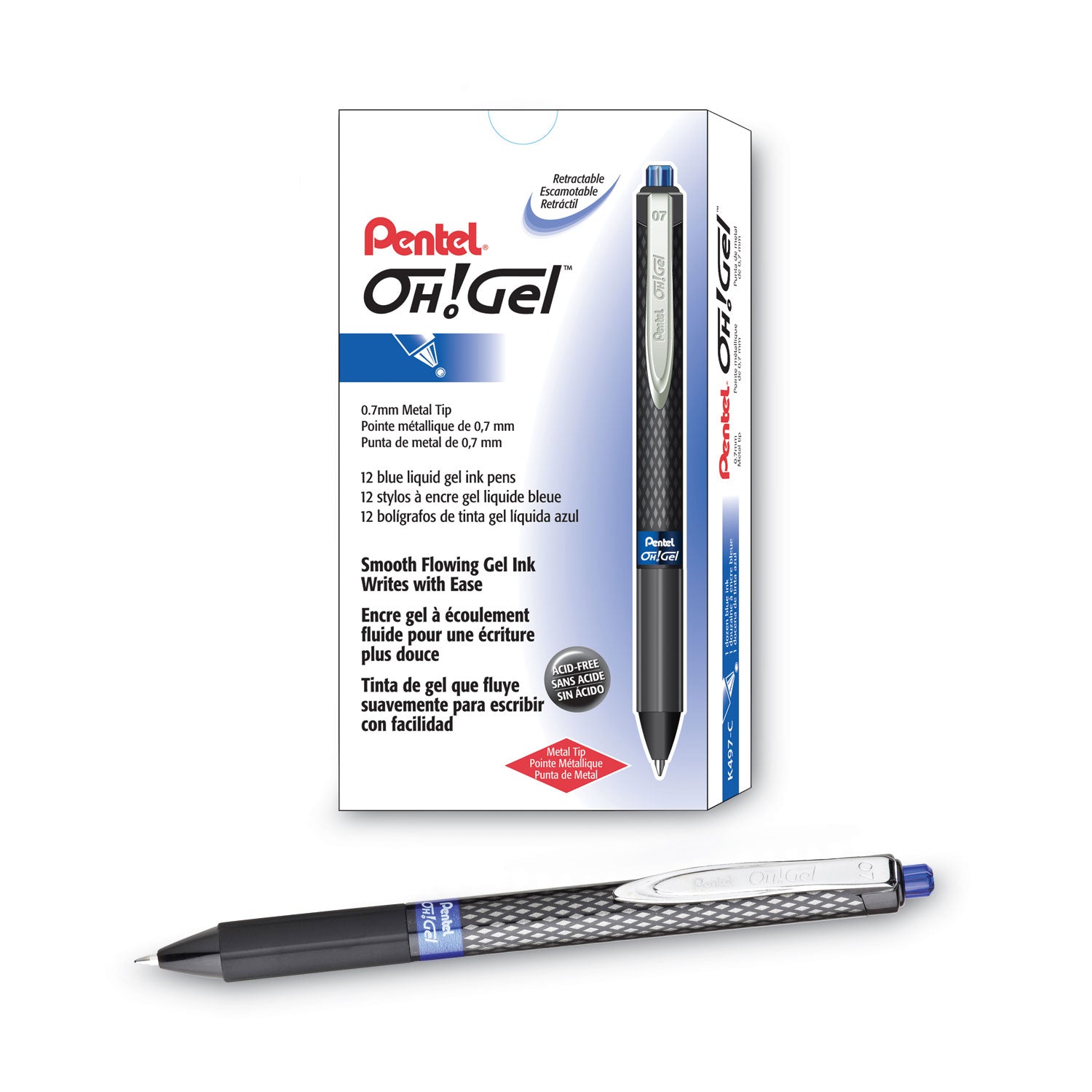 Pentel Oh! Gel Pen, Retractable, Medium 0.7 mm, Blue Ink, Black Barrel, Dozen