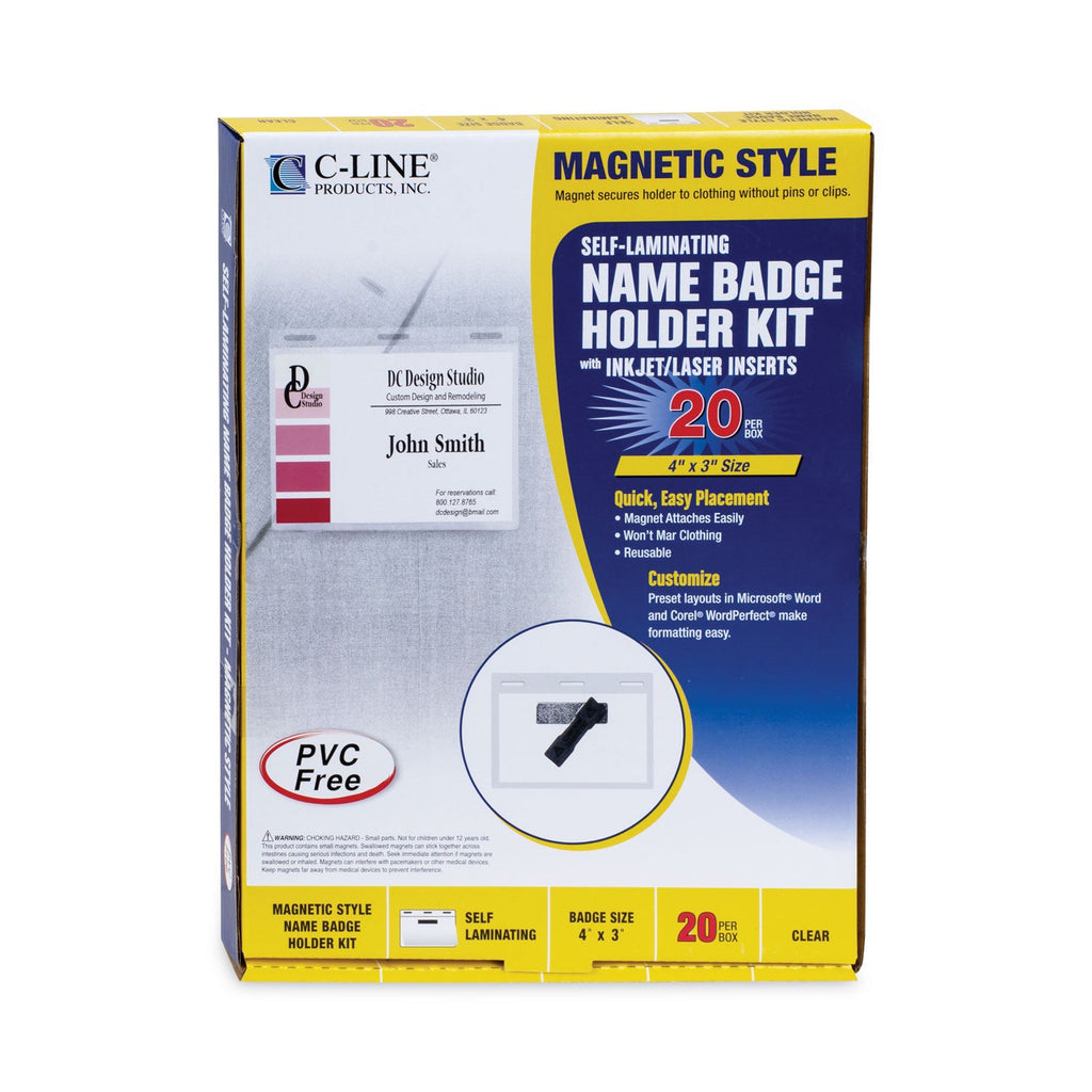C-Line Self-Laminating Magnetic Style Name Badge Holder Kit, 3" x 4", Clear, 20/Box