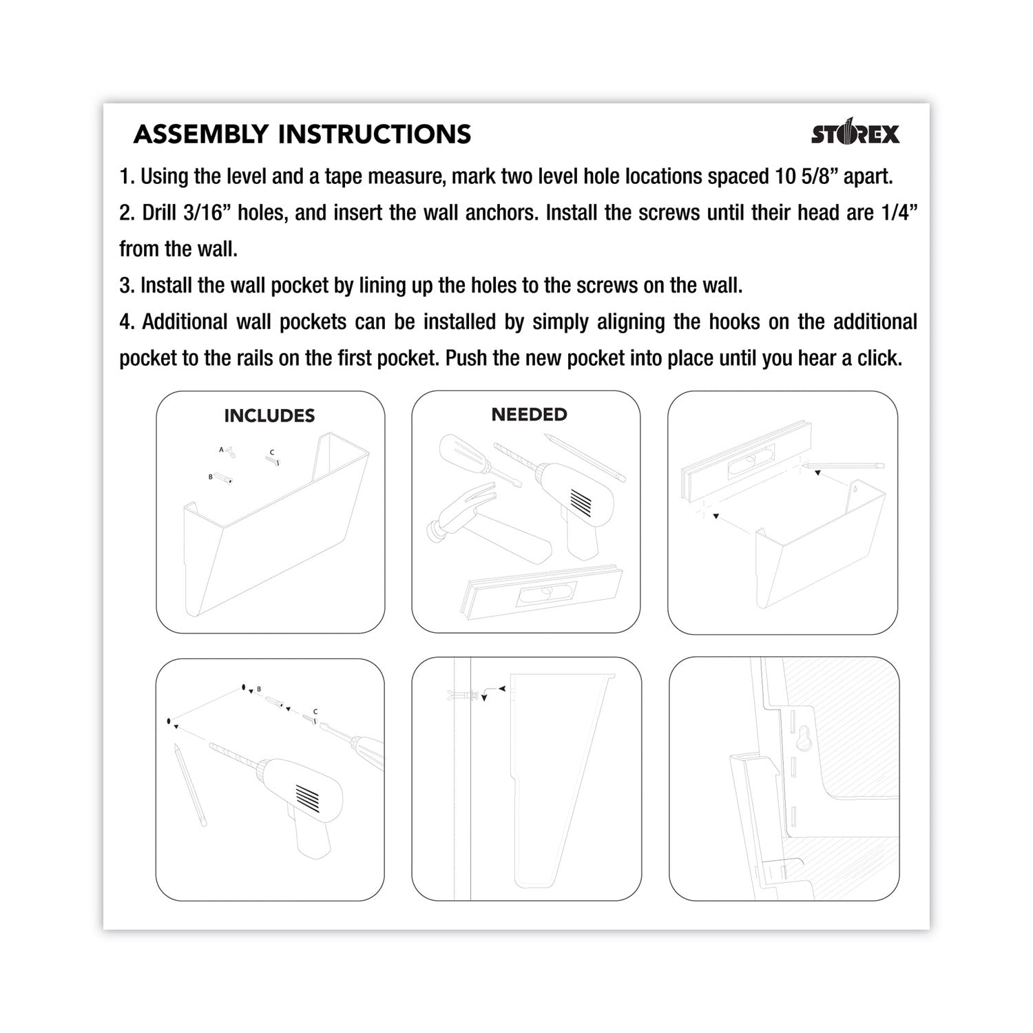 Storex Wall File, 3 Sections, Letter Size, 13" x 4" x 14",  Clear, 3/Set