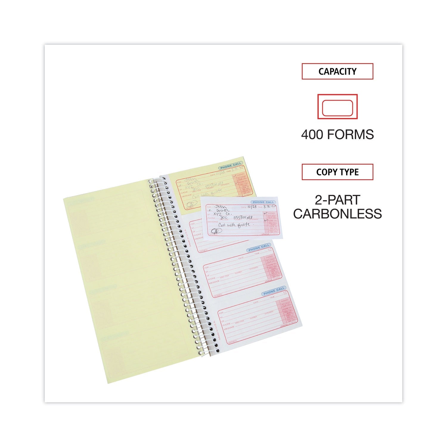 Universal Wirebound Message Books, Two-Part Carbonless, 5 x 2.75, 4/Page, 400 Forms