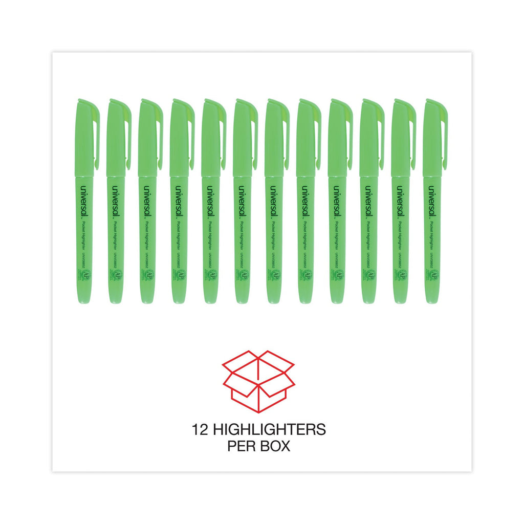 Universal Pocket Highlighters, Fluorescent Green Ink, Chisel Tip, Green Barrel, Dozen