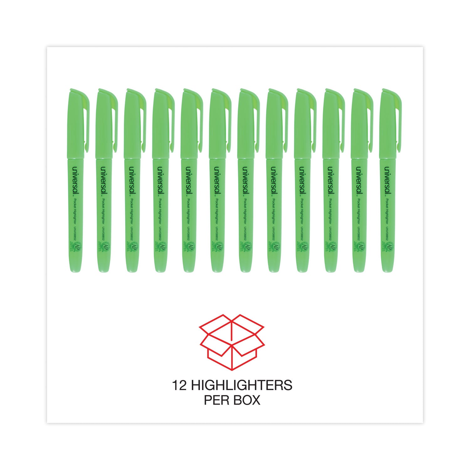 Universal Pocket Highlighters, Fluorescent Green Ink, Chisel Tip, Green Barrel, Dozen