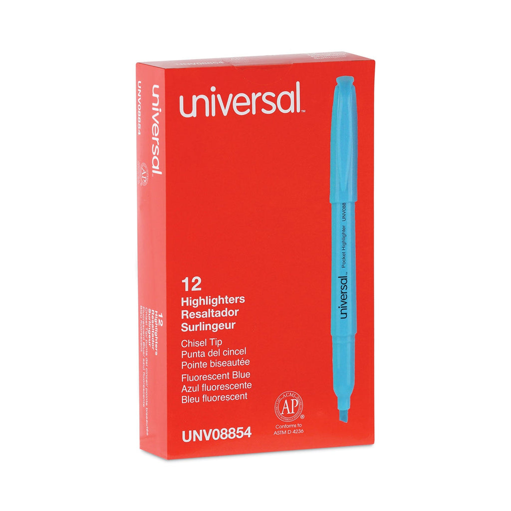 Universal Pocket Highlighters, Fluorescent Blue Ink, Chisel Tip, Blue Barrel, Dozen