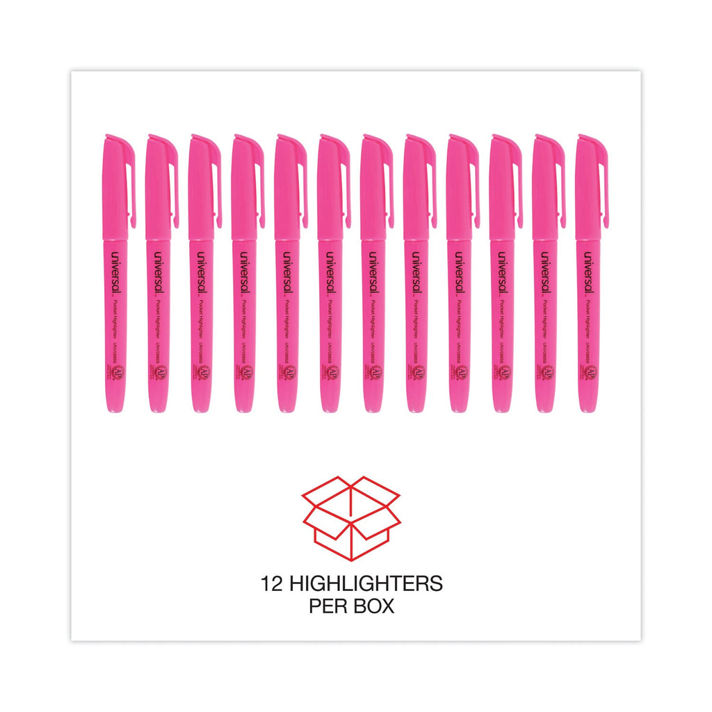 Universal Pocket Highlighters, Fluorescent Pink Ink, Chisel Tip, Pink Barrel, Dozen