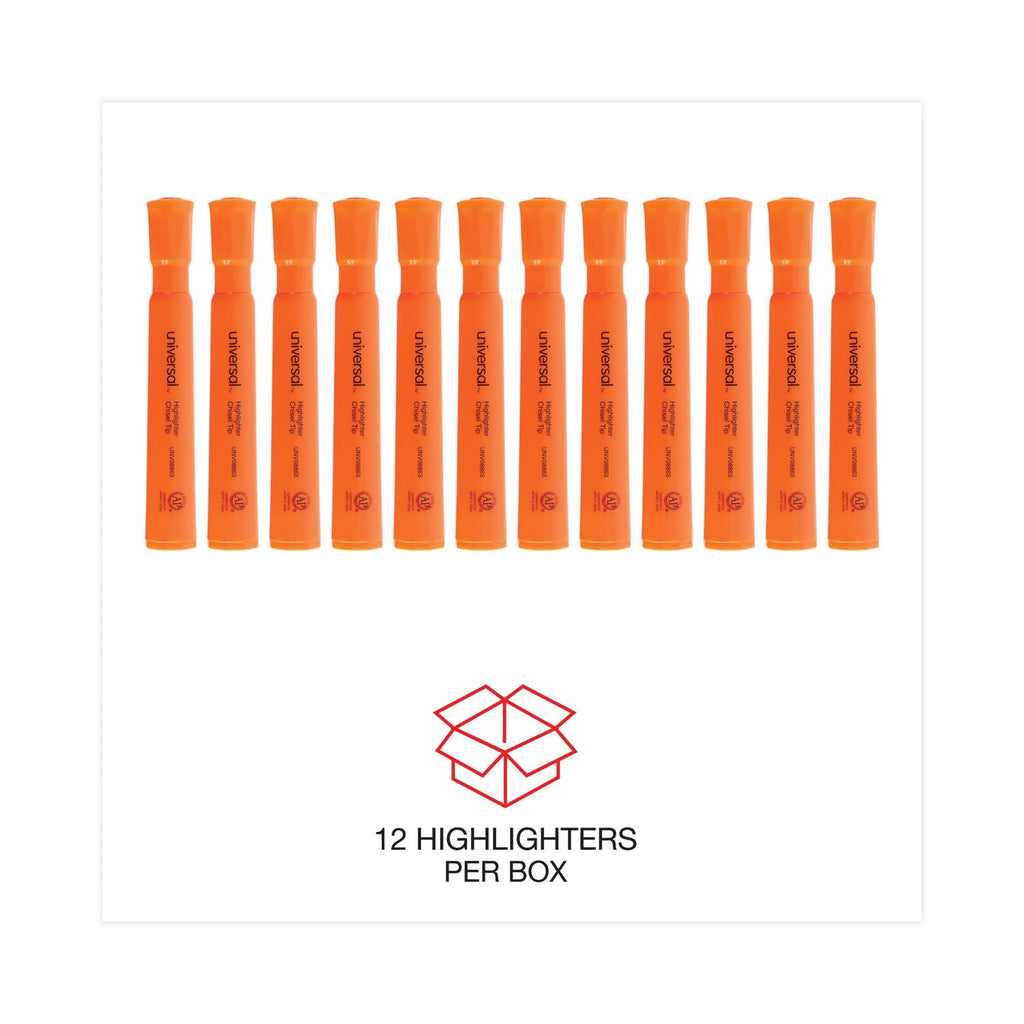 Universal Desk Highlighters, Fluorescent Orange Ink, Chisel Tip, Orange Barrel, Dozen