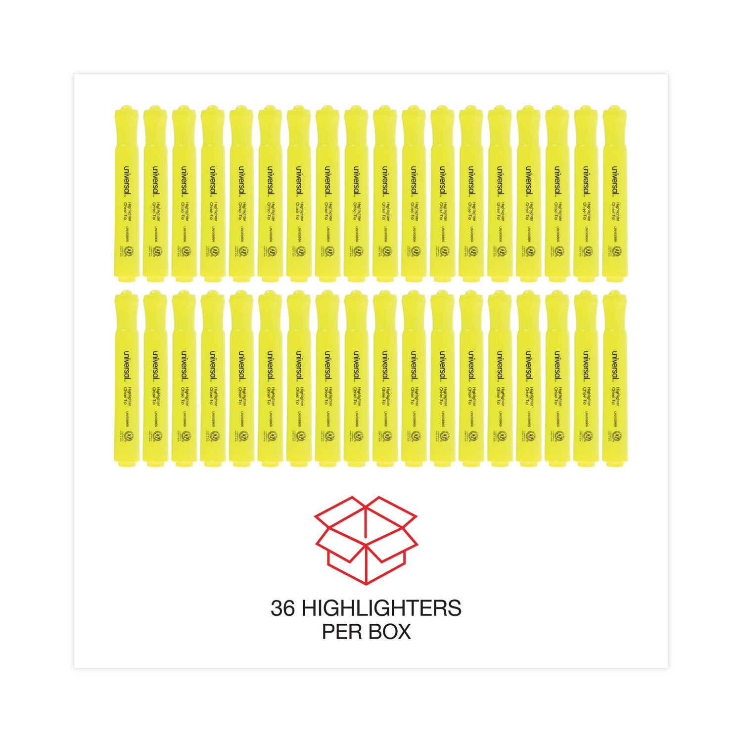 Universal Desk Highlighter Value Pack, Fluorescent Yellow Ink, Chisel Tip, Yellow Barrel, 36/Pack