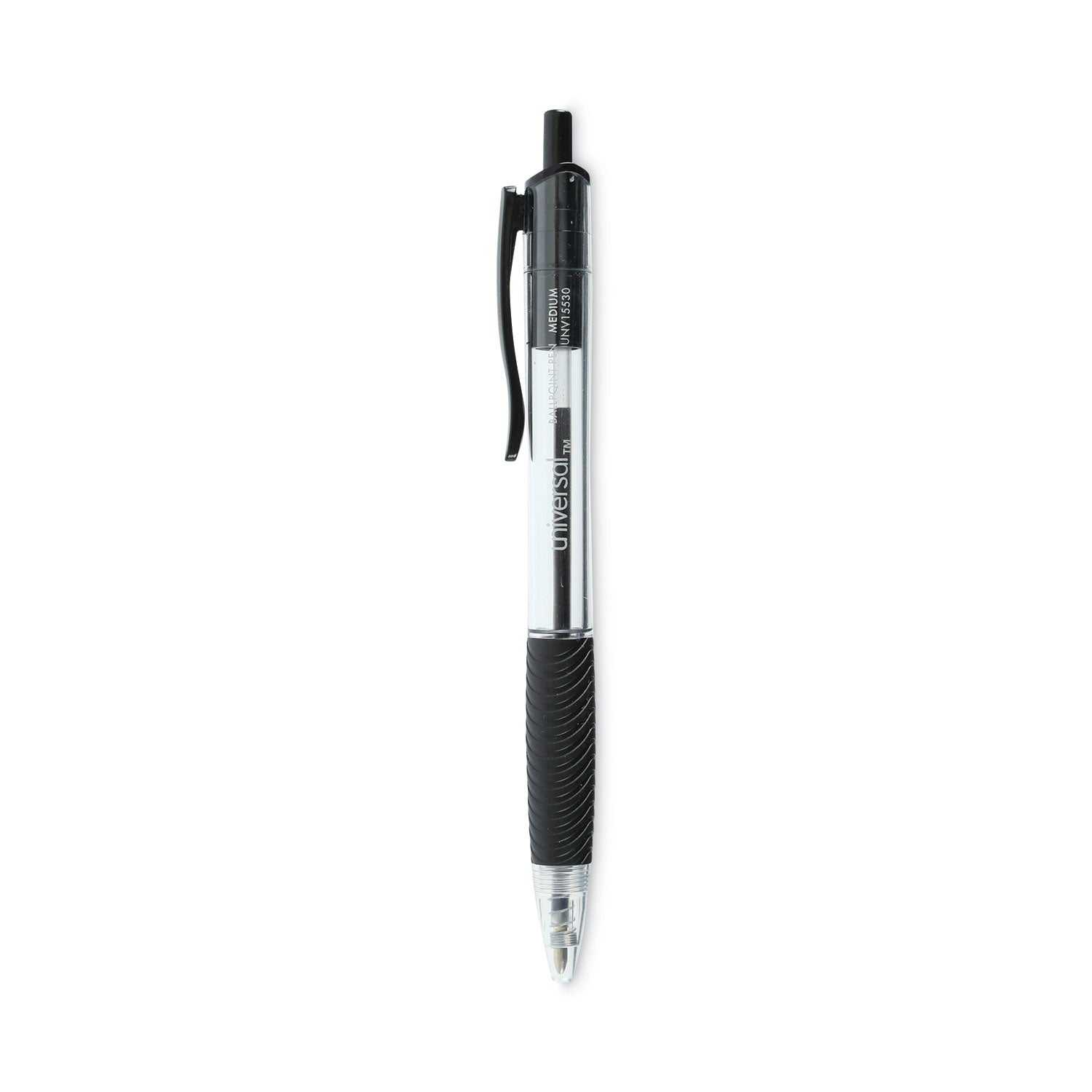 Universal Comfort Grip Ballpoint Pen, Retractable, Medium 1 mm, Black Ink, Clear Barrel, 48/Pack