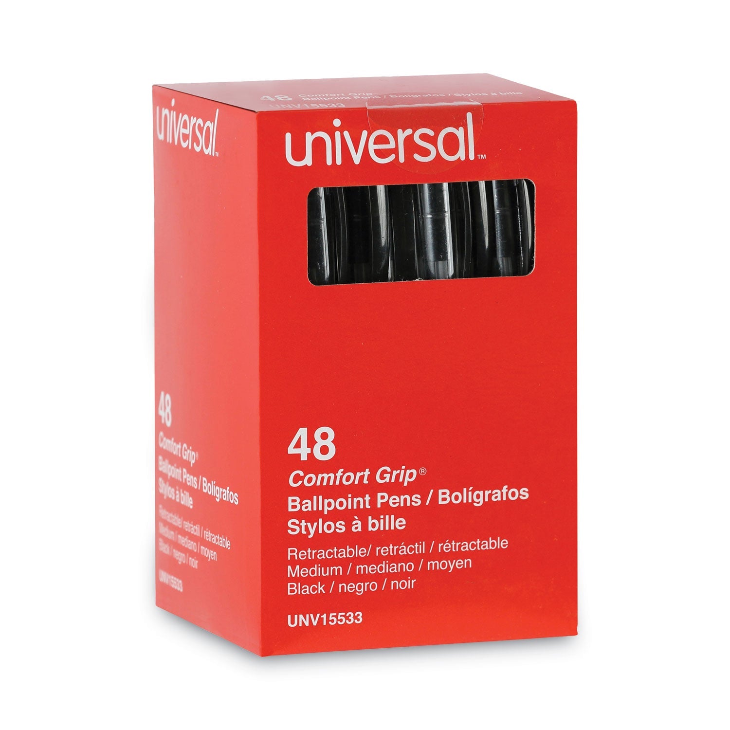 Universal Comfort Grip Ballpoint Pen, Retractable, Medium 1 mm, Black Ink, Clear Barrel, 48/Pack