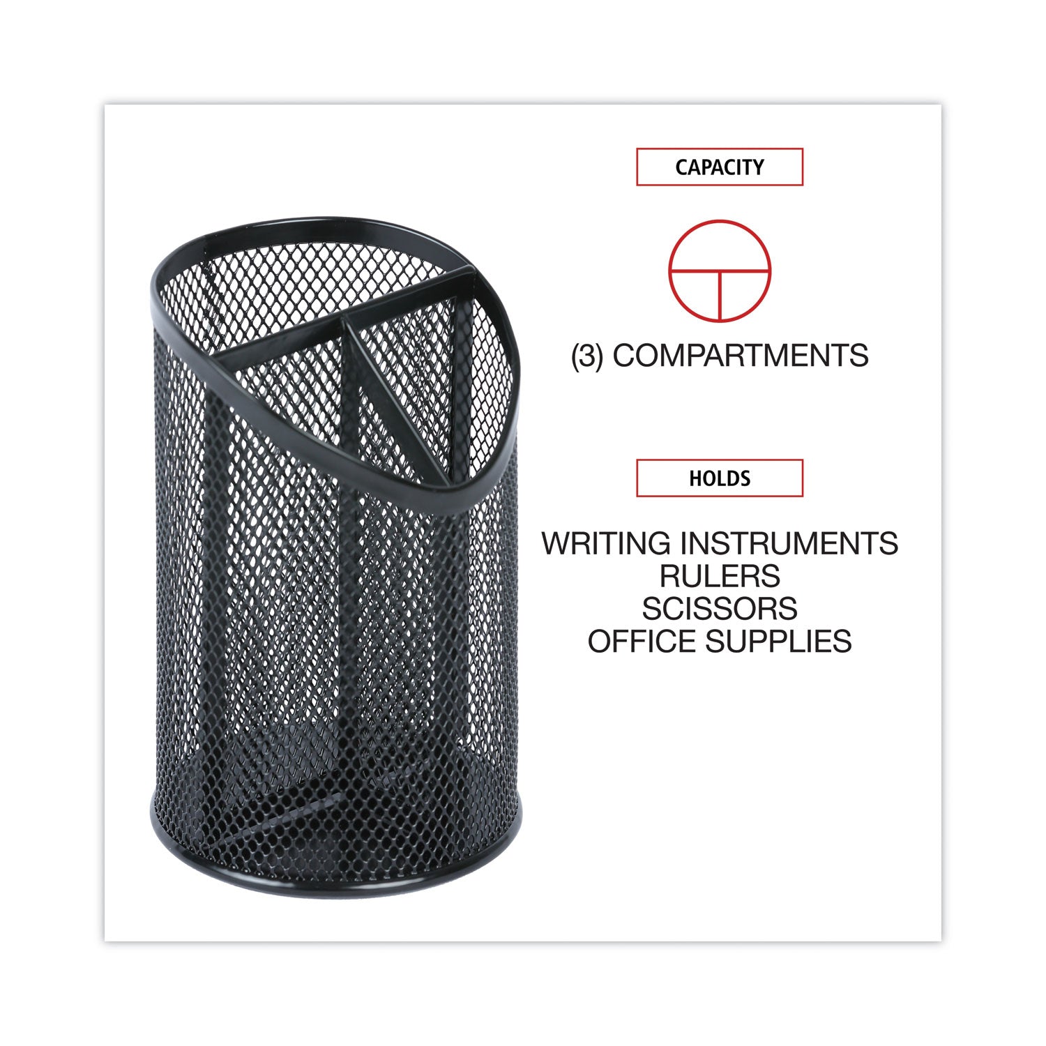 Universal Metal Mesh 3-Compartment Pencil Cup, 4.13" Diameter x 6"h, Black