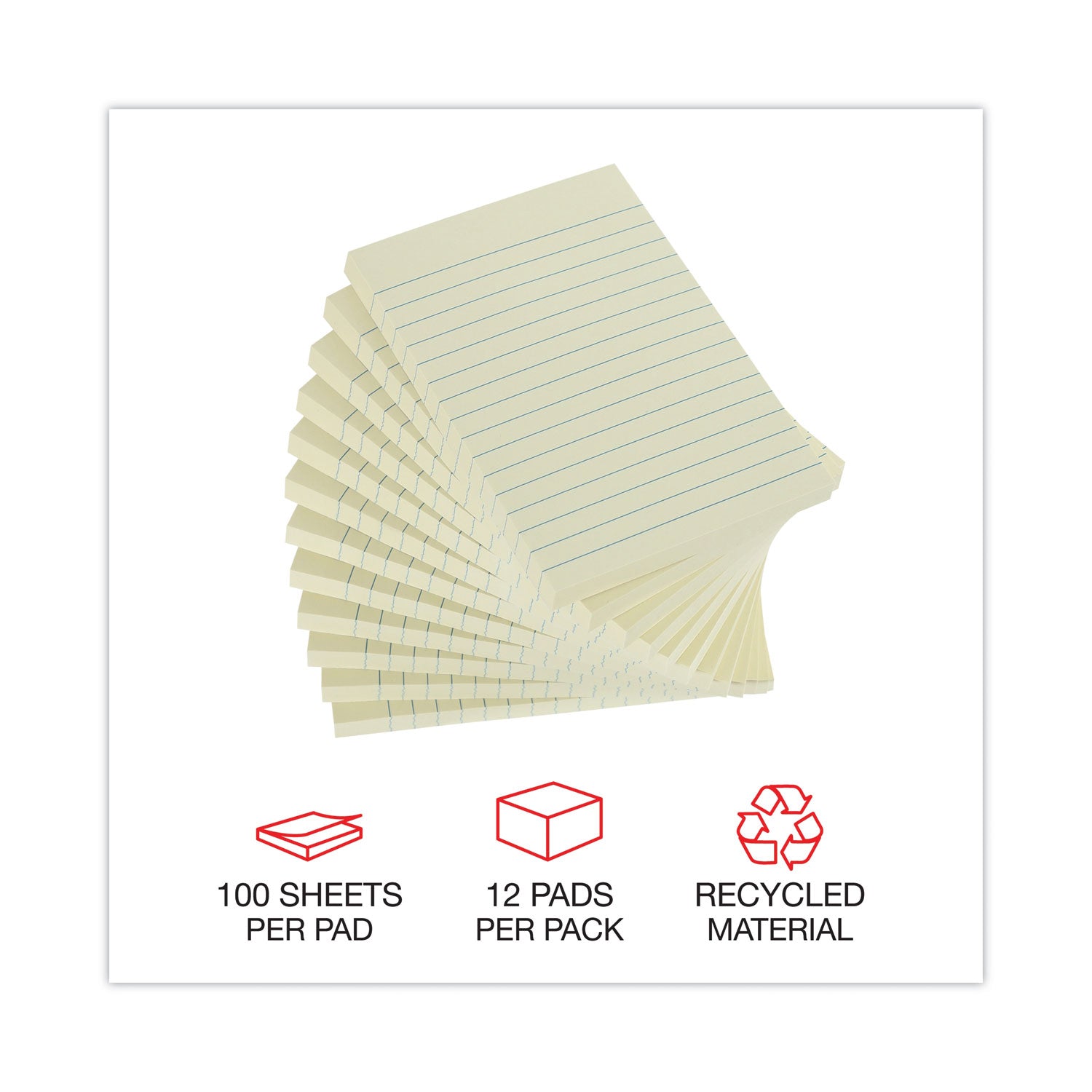 Universal Recycled Self-Stick Note Pads, Note Ruled, 4" x 6", Yellow, 100 Sheets/Pad, 12 Pads/Pack