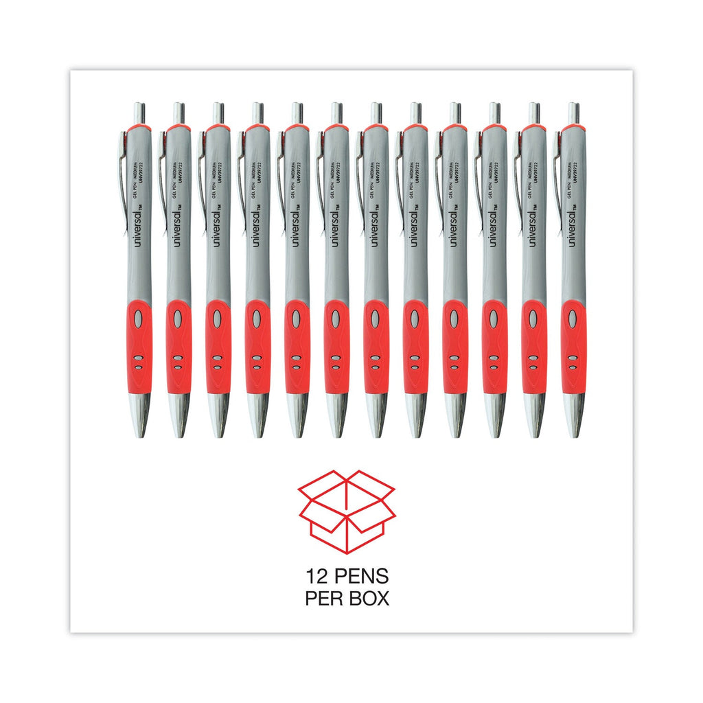Universal Comfort Grip Gel Pen, Retractable, Medium 0.7 mm, Red Ink, Silver Barrel, Dozen
