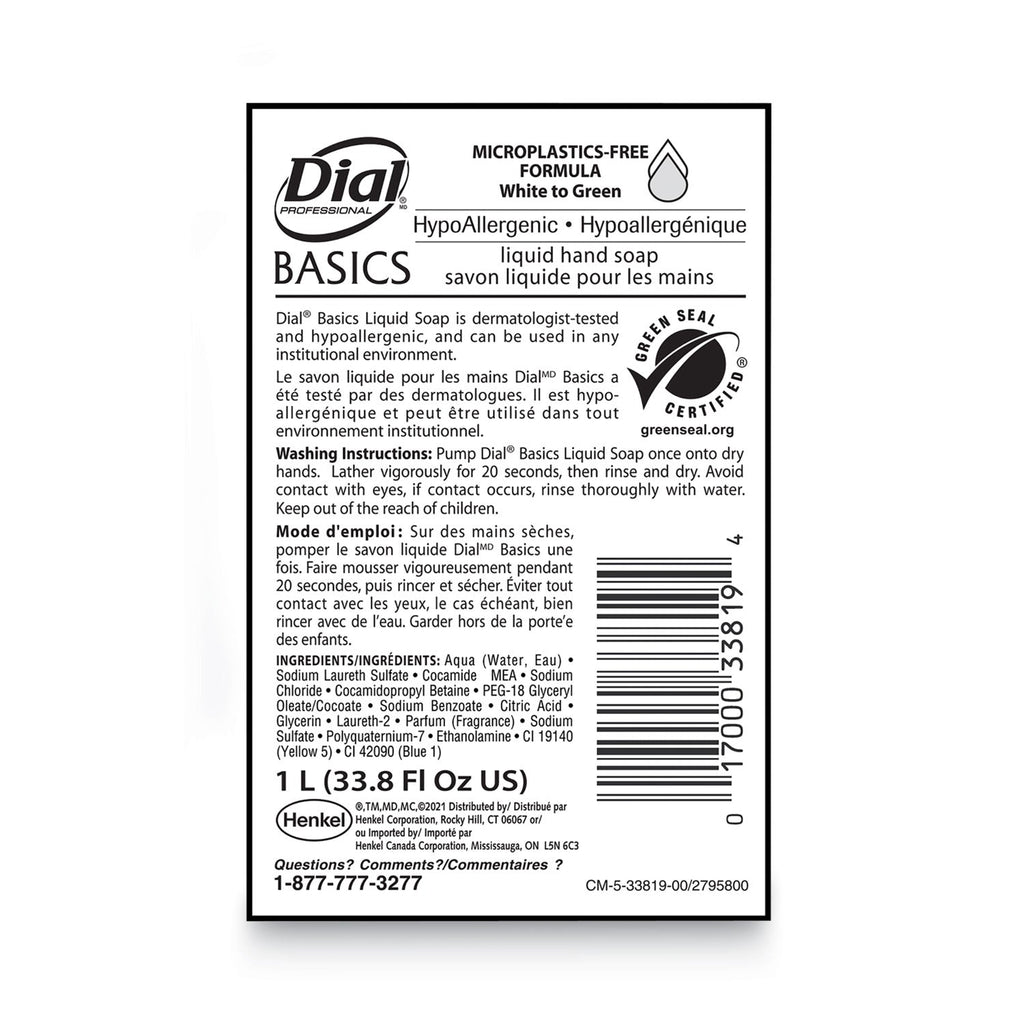 Dial Basics MP Free Liquid Hand Soap, Unscented, 1 L Refill Bottle, 8/Carton