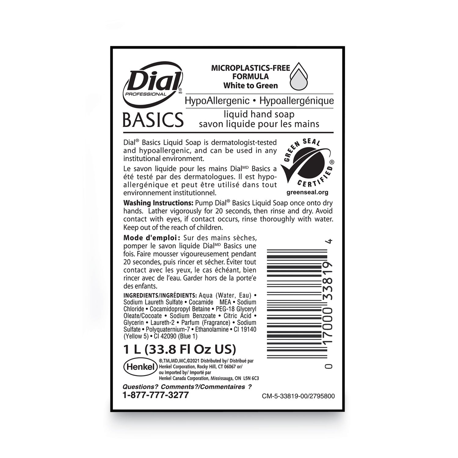 Dial Basics MP Free Liquid Hand Soap, Unscented, 1 L Refill Bottle, 8/Carton
