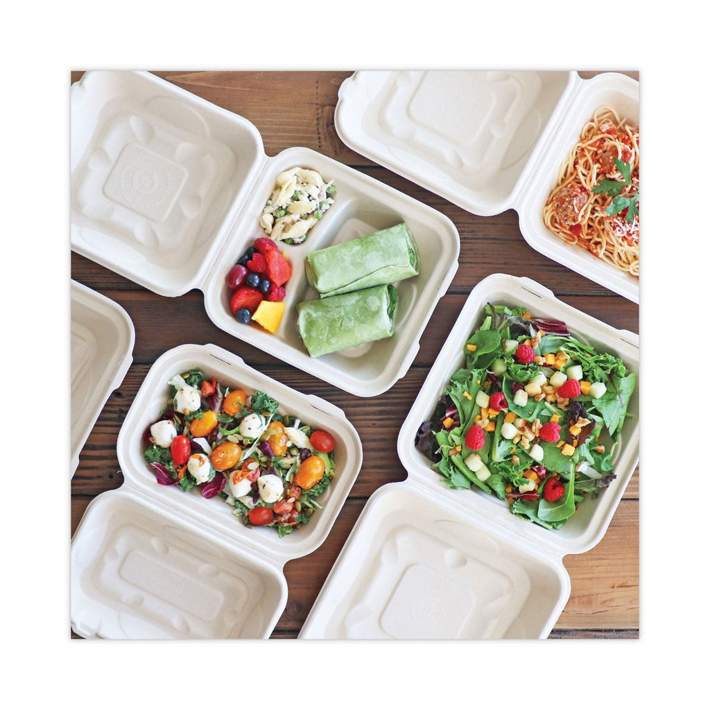 World Centric Fiber Hinged Containers, 9 x 9 x 3, Natural, Paper, 300/Carton