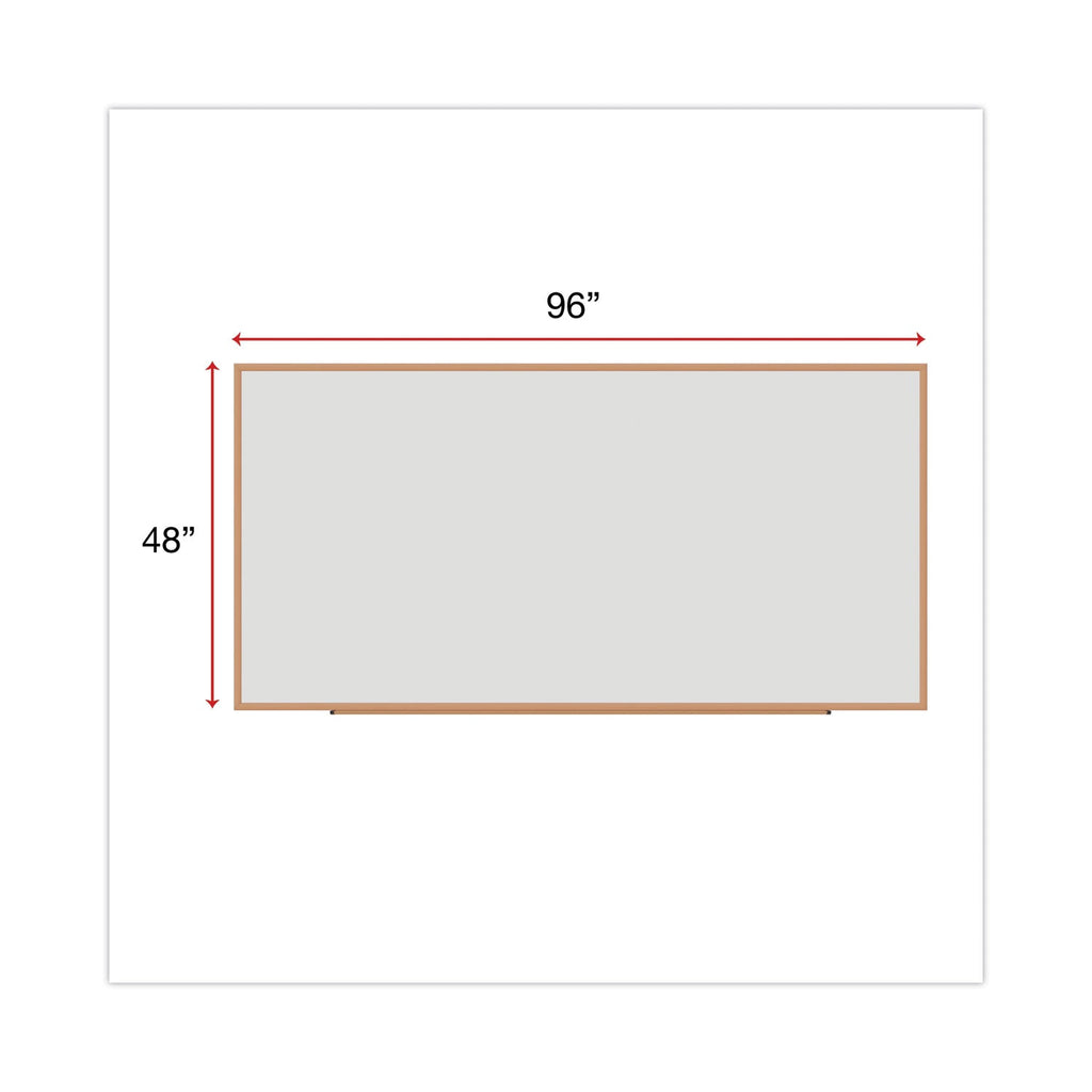 Universal Dry-Erase Board, Melamine, 96 x 48, White, Oak-Finished Frame