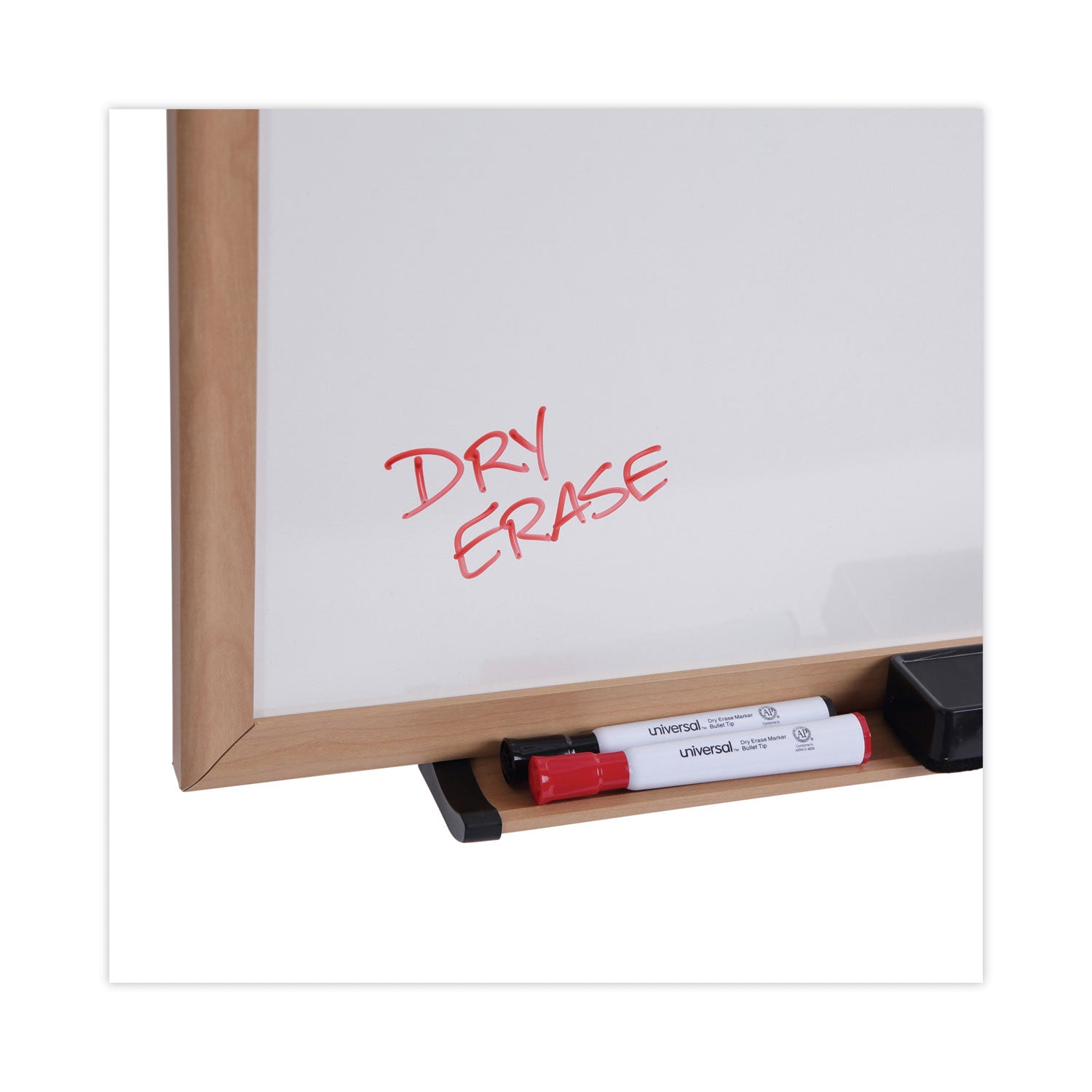 Universal Dry-Erase Board, Melamine, 96 x 48, White, Oak-Finished Frame