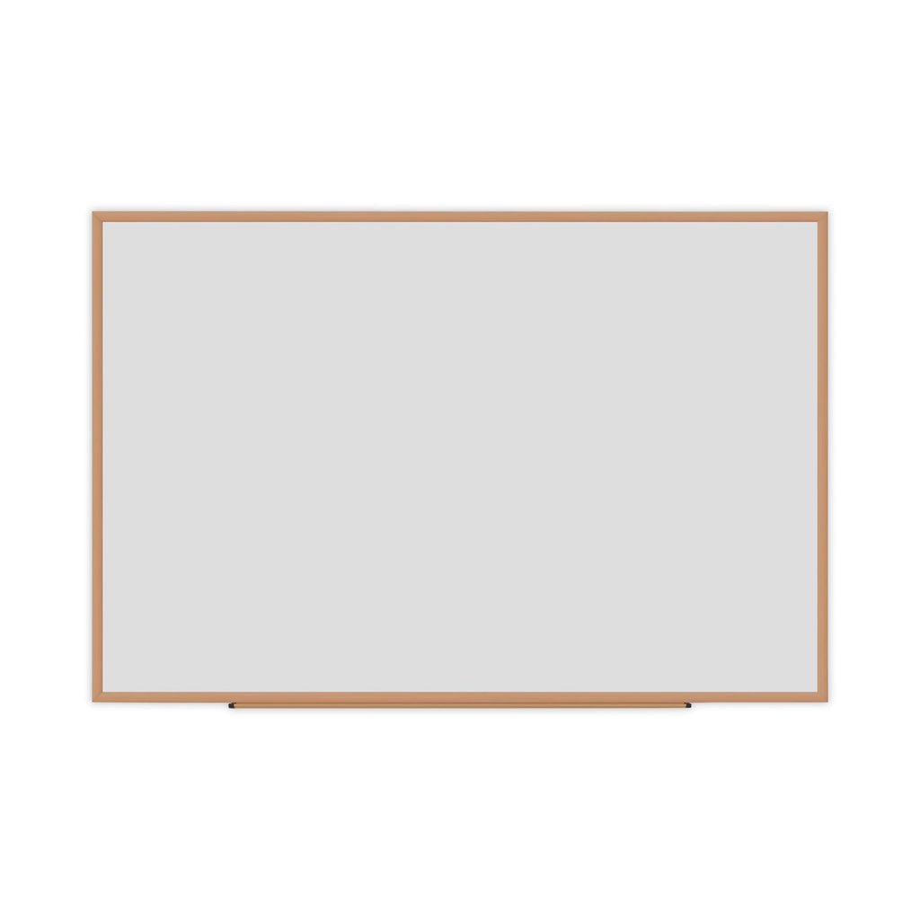 Universal Dry-Erase Board, Melamine, 72 x 48, White, Oak-Finished Frame