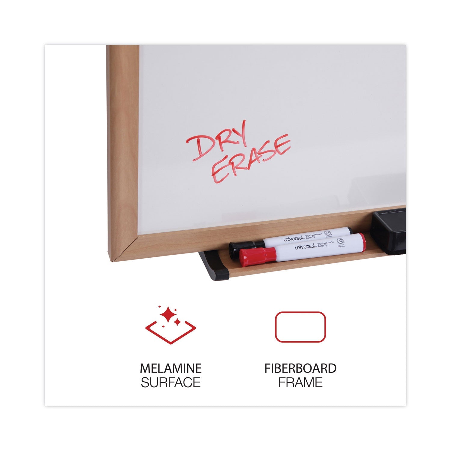 Universal Dry-Erase Board, Melamine, 72 x 48, White, Oak-Finished Frame