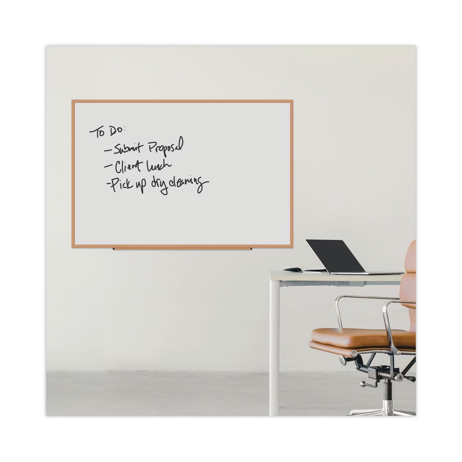 Universal Dry-Erase Board, Melamine, 72 x 48, White, Oak-Finished Frame