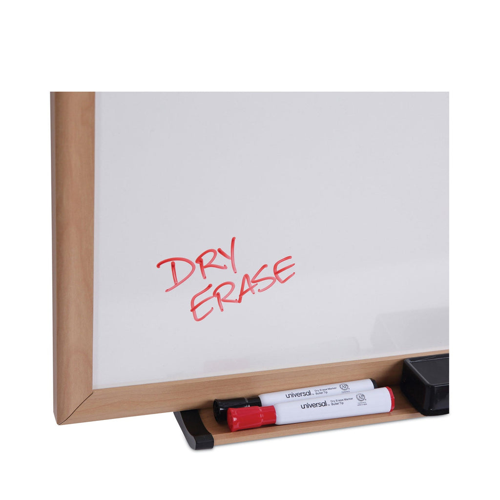 Universal Dry-Erase Board, Melamine, 72 x 48, White, Oak-Finished Frame