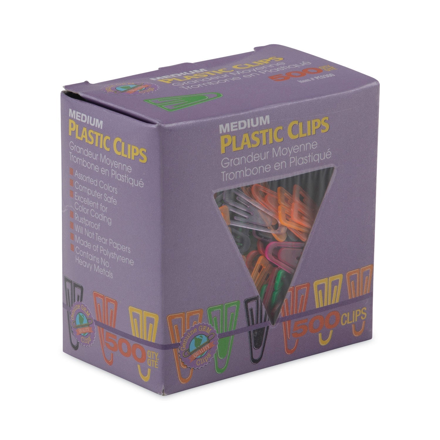 GEM Plastic Paper Clips, Medium, Smooth, Assorted Colors, 500/Box