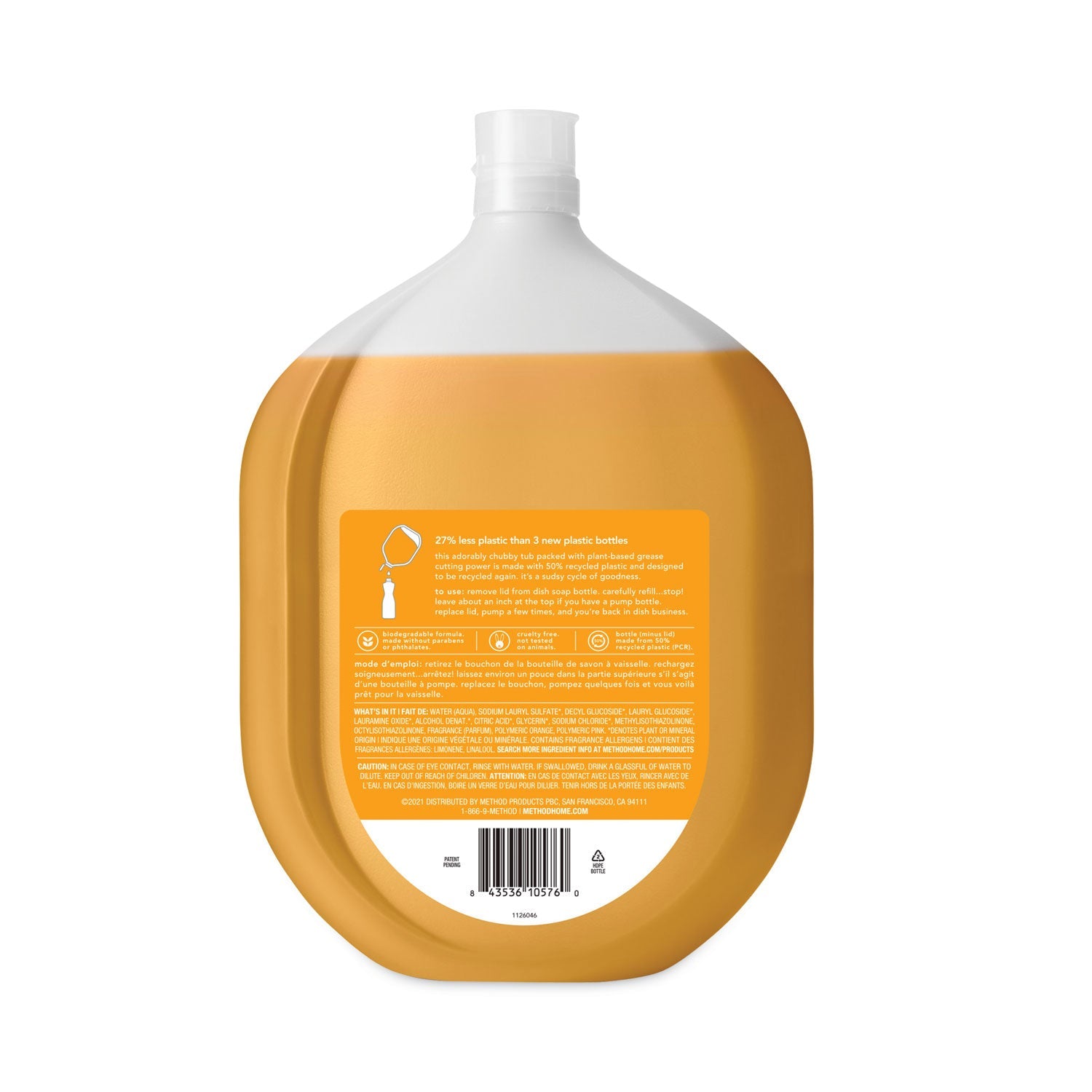 Method Dish Soap Refill Tub, Clementine Scent, 54 oz Tub, 4/Carton