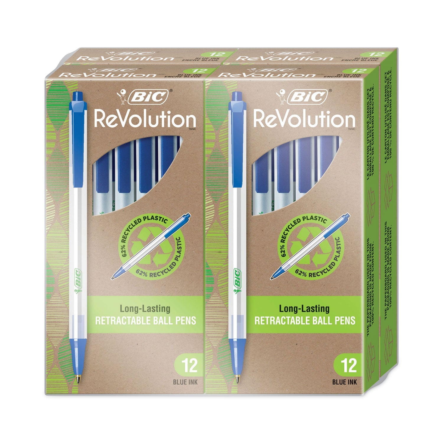 BIC ReVolution Ballpoint Pen, Retractable, Medium 1 mm, Blue Ink/Semi-Clear Barrel, 48/Pack
