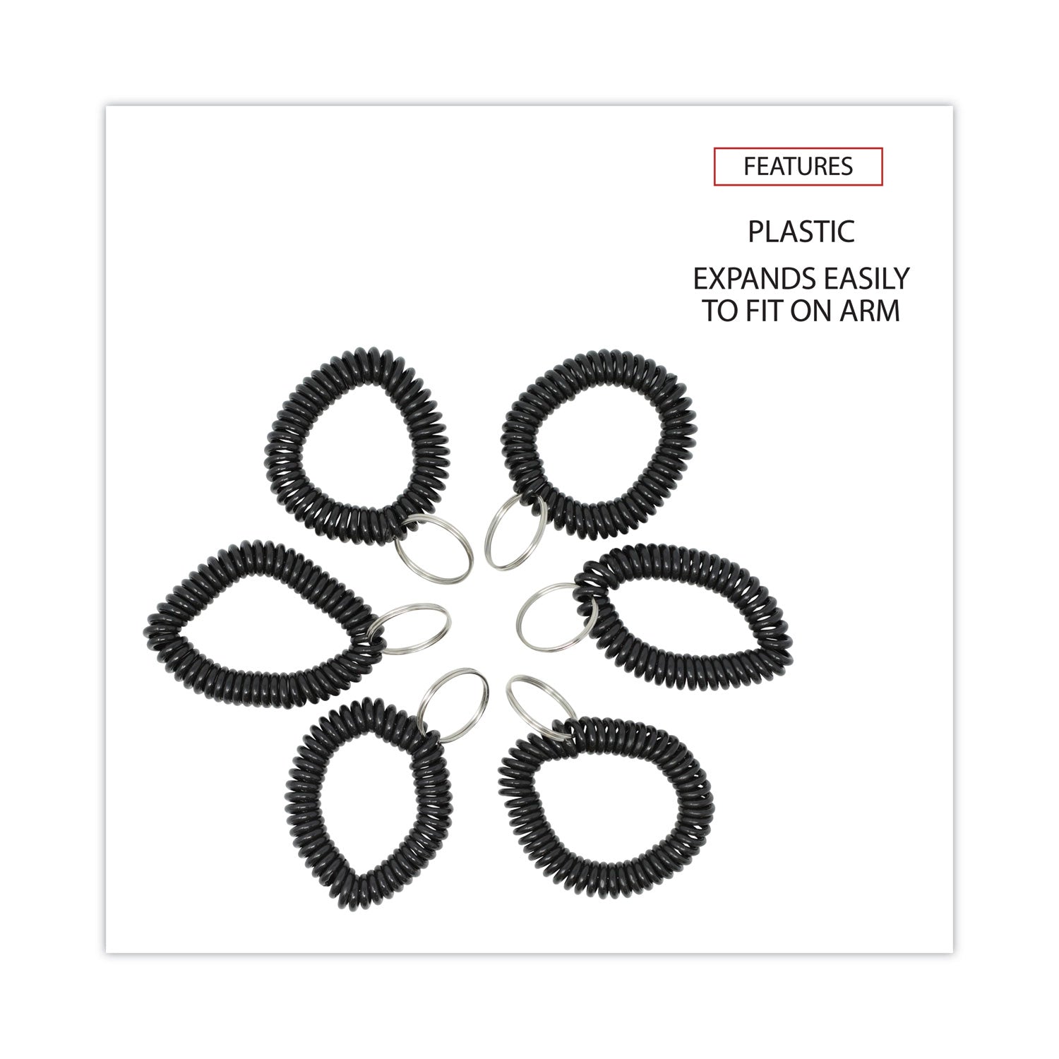 Universal Wrist Coil Plus Key Ring, Plastic, Black, 6/Pack