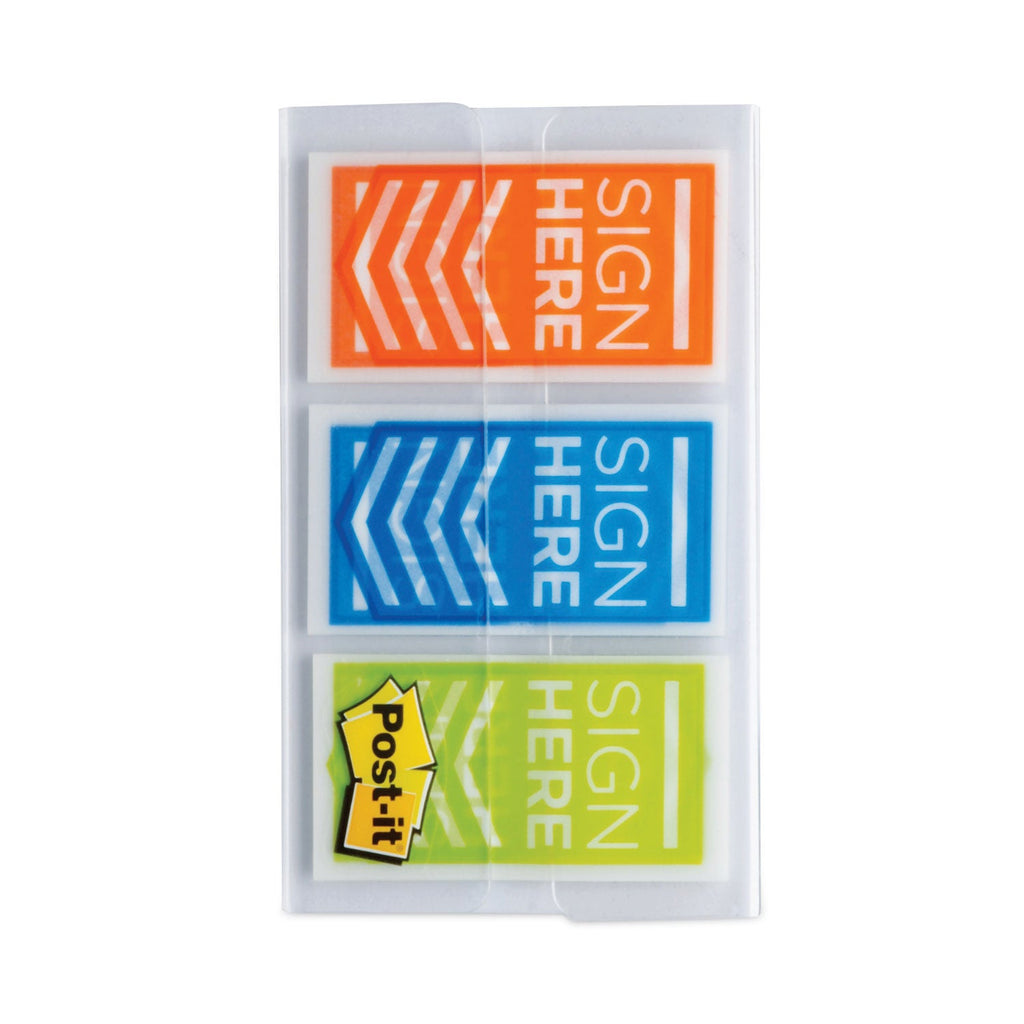 Post-it Arrow Message 1" Page Flags, "Sign Here", Blue/Lime/Orange, 20 Flags/Dispenser, 3 Dispensers/Pack