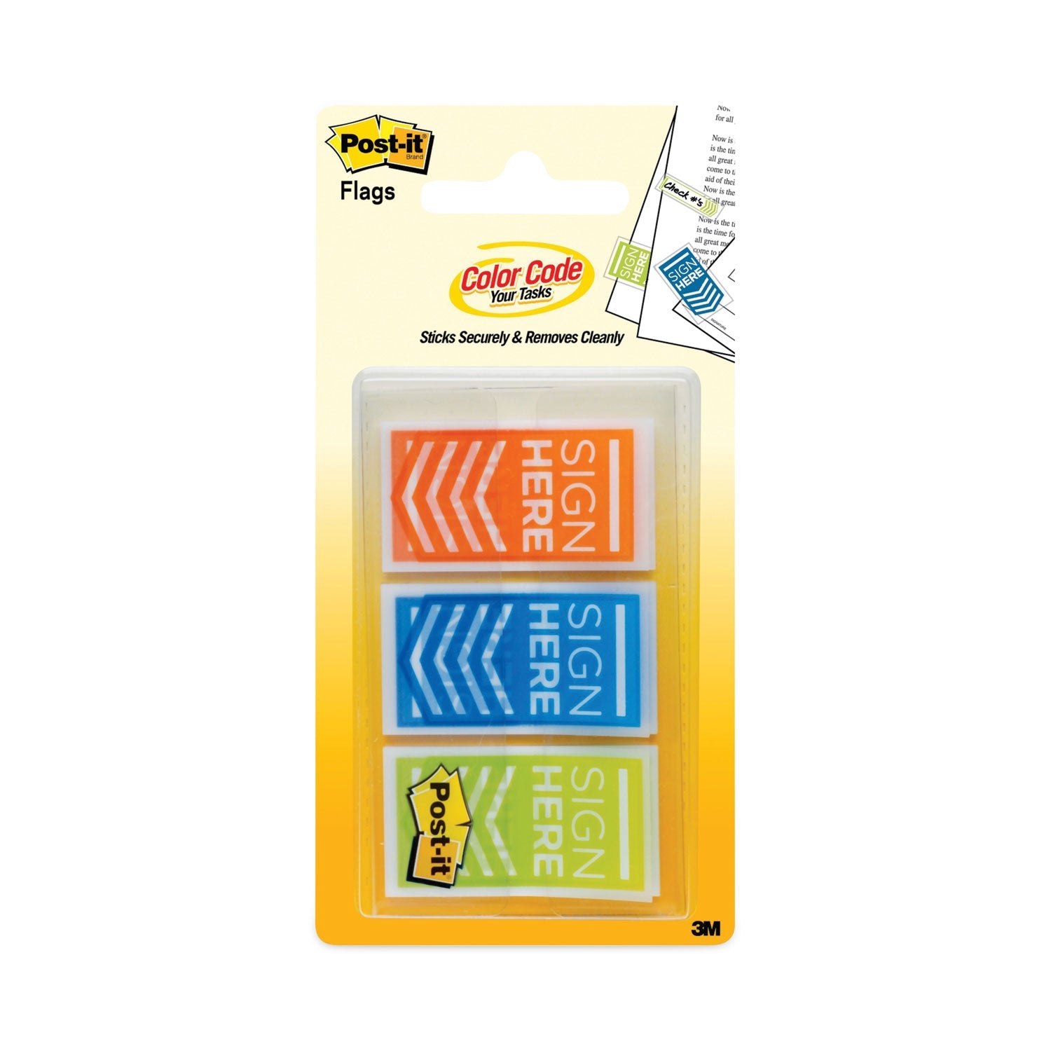 Post-it Arrow Message 1" Page Flags, "Sign Here", Blue/Lime/Orange, 20 Flags/Dispenser, 3 Dispensers/Pack