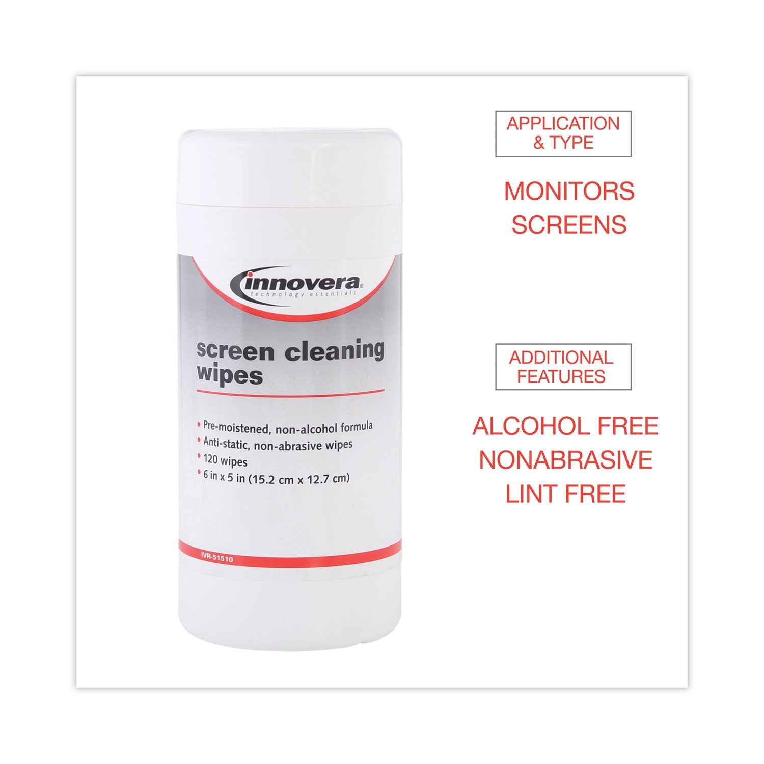 Innovera Antistatic Screen Cleaning Wipes in Pop-Up Tub, 120/Pack