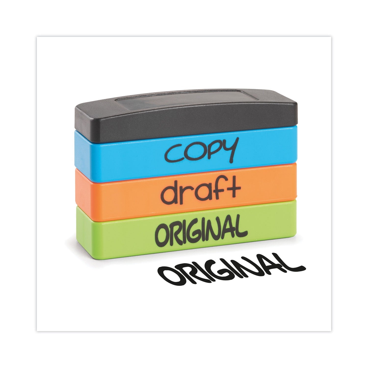 Trodat Interlocking Stack Stamp, COPY, DRAFT, ORIGINAL, 1.81" x 0.63", Assorted Fluorescent Ink