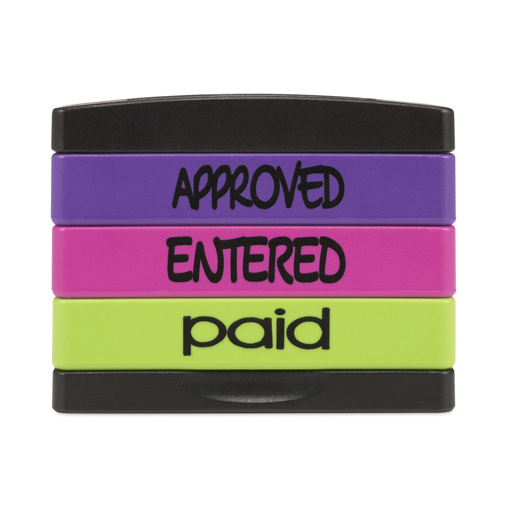 Trodat Interlocking Stack Stamp, APPROVED, ENTERED, PAID, 1.81" x 0.63", Assorted Fluorescent Ink